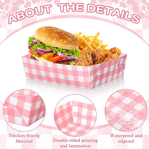 Suclain 36 Pack Light Pink and White Gingham Paper Trays 5 lb Grease Resistant - Image 4