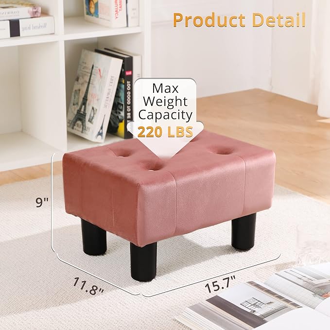 LUE BONA Small Foot Stool Ottoman, Velvet Tufted Footrest with Plastic Legs, 9''H, Rectangle Foot Stools for Adult with Non-Slip Pads, Footstool for Living Room,Couch, Pink-DeskLoop Office