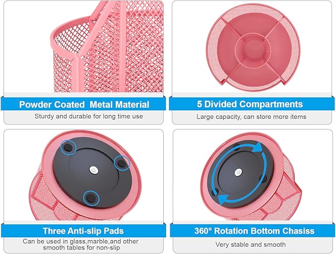 Sturdy Rotating Pen Holder, Cute Metal Pencil Holder, Large Mesh Pen Organizer for Desk, Premium Friendly Office Desk Accessories & Workspace Organizers, Pink-DeskLoop Office