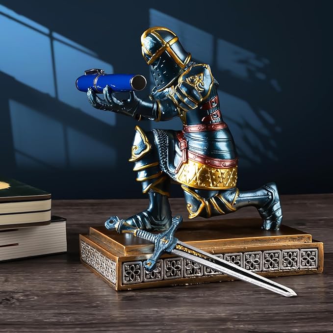 MACLARONX Kneeling Knight Pen Holder with Sword Medieval Warrior Fancy Pencil Stand for Office Desk Home Decor for Men Father Husband Armor Soldier Statue-DeskLoop Office