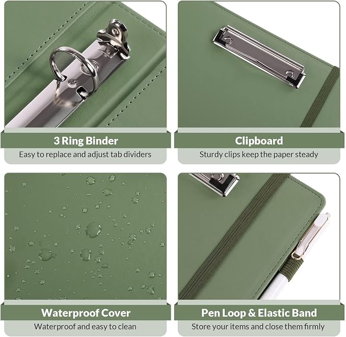 SKYDUE 3 Ring Binder with Clipboard, 13.2" × 10.2" Faux Leather 1 Inch Binder - Image 7