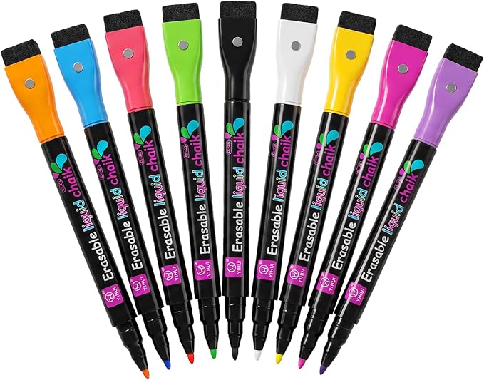 Erasable Markers for LED Acrylic Board, 9 Pack Magnetic Neon Chalk Markers 3mm by MerryChristmasGifts