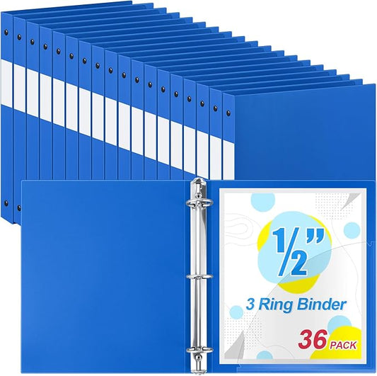 Henoyso 36 Pcs 3 Ring Binder 1/2'' Round Fits Letter Size 8. 5'' x 11'' Paper Plastic Flexible Binder Holds 100 Sheets with 1 Pockets Versatile Organizer for Office Home School (Blue)-DeskLoop Office
