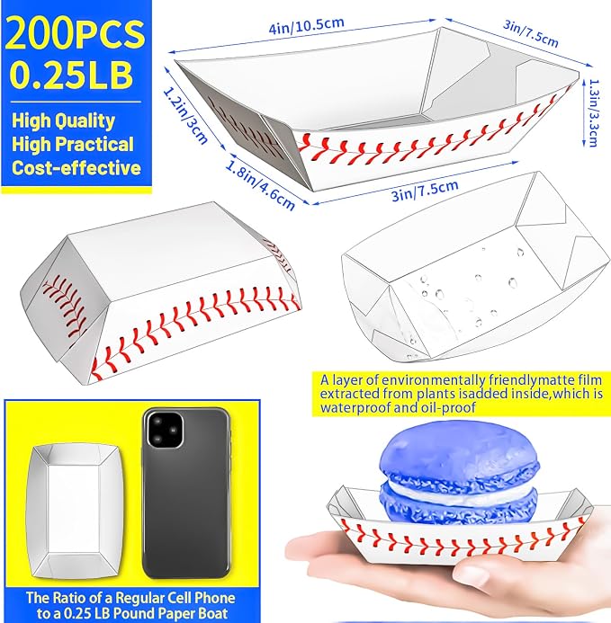 200 Pack 1/4Lb Paper Food Boat Trays, Baseball Birthday Decorations Baseball - Image 2