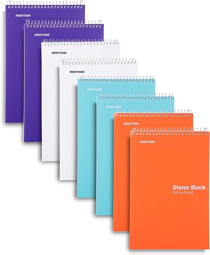Mintra Office Steno Book - (BRIGHTS - Purp/Wht/Teal/Orange) - 6inx9in, 100 Sheets, 8 Pads/Pack, Narrow Ruled - Poly Cover, Notebook for writing notes in school, university, college, work, office-DeskLoop Office