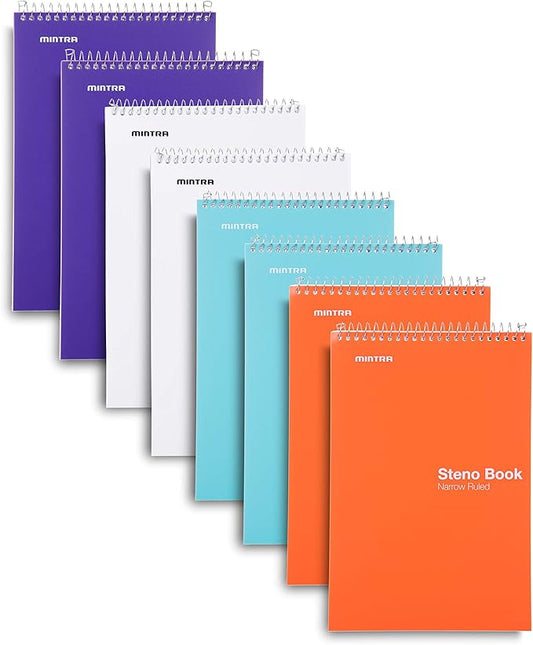 Mintra Office Steno Book - (BRIGHTS - Purp/Wht/Teal/Orange) - 6inx9in, 100 Sheets, 8 Pads/Pack, Narrow Ruled - Poly Cover, Notebook for writing notes in school, university, college, work, office-DeskLoop Office
