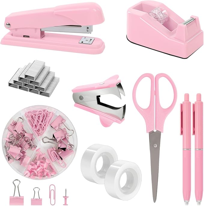 SKYDUE Pink Office Desk Accessories, Tape Dispenser, Clips and 1000pcs Staples by SKYDUE