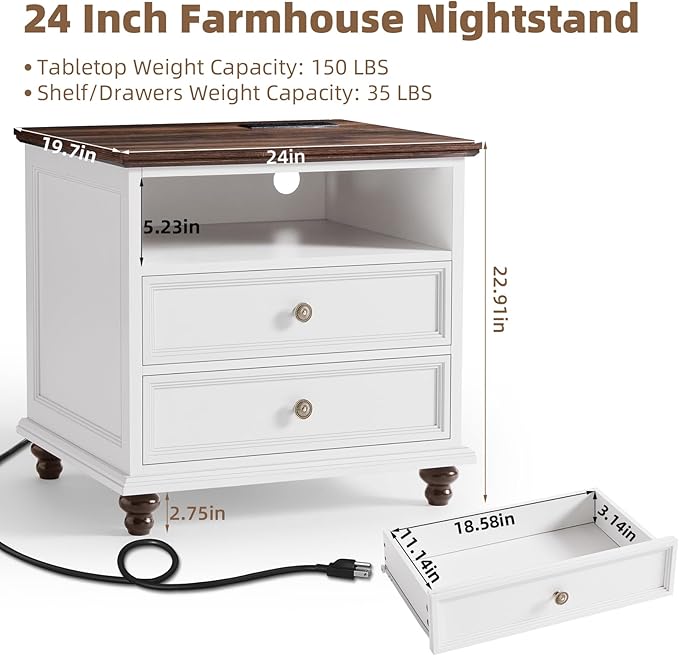 24" Wide Farmhouse Nightstand with Charging Station, End Table with 2 Drawers, White Wood Dresser for Bedroom Cabinet, Bed Side Table Chest of Drawers, Night Stand for Living Room, Closet-DeskLoop Office