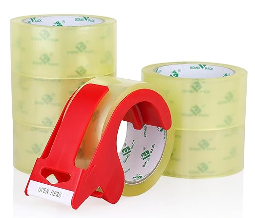 BOMEI PACK 6Rolls Clear Yellowish Packing Tape Refills, 2.4 Mil 1.88 Inch x 60 Yards, Packaging Tape with Dispenser for Moving, Shipping and Storage-DeskLoop Office
