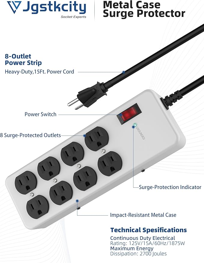 Heavy Duty Power Strip,Industrial Heavy Metal Case Surge Protector,8 AC Outlets,15Amp,2700 Joules,Protected' Indicator,14 Gauge Cord (Grey, 15FT Length)-DeskLoop Office
