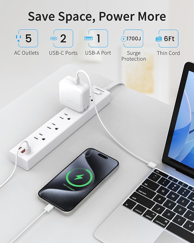 Flat Plug Power Strip, 6 Ft Ultra Thin Flat Extension Cord, Surge Protector with 5 Outlets & 3 USB Ports (2 USB C), 1700 Joules, Wall Mount, Desktop Charging Station for Home Office Dorm, White-DeskLoop Office
