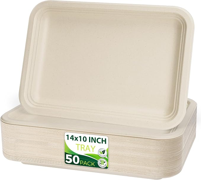 50 Pack Brown 14" Heavy Duty Disposable Rectangle Food Trays, Compostable Extra by Birchio