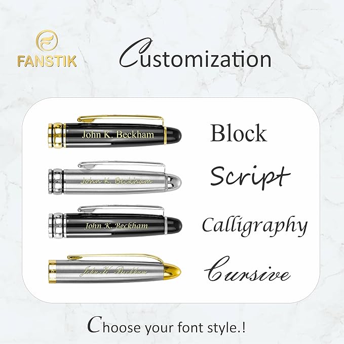 Customized Fountain pen with name (MADE IN USA), stainless steel, black and gold, luxury engraved pen personalized for men and for women. (Fountain Black-Gold)-DeskLoop Office