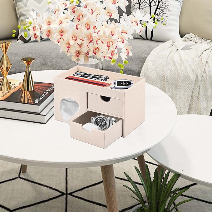 Square Tissue Box Cover with Drawers, Tissue Box Holder with Storage Tray - Image 7