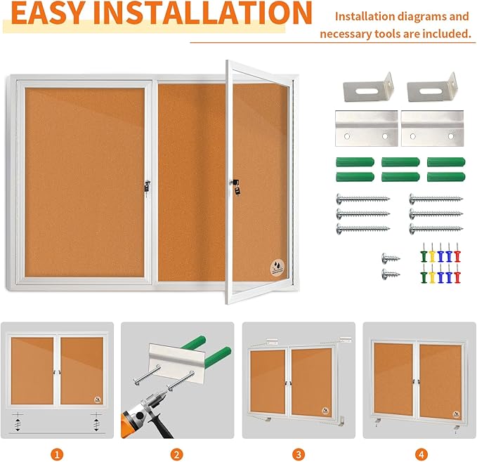 Lockable Outdoor Enclosed Bulletin Board, Weatherproof Cork Noticeboard with Locking Door, Wall-Mounted Aluminum Framed Display Case for Messages,36x24in (5xA4) (Silver Frame & Cork, 44x32 in)-DeskLoop Office