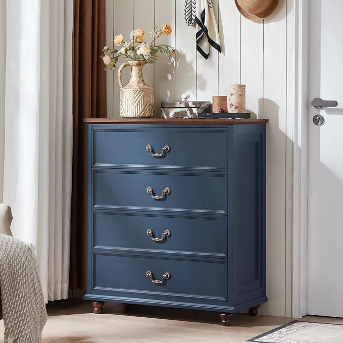 Farmhouse 4 Drawer Dresser Set of 2 for Bedroom, 37" Tall Rustic Chests of Drawers w/ 4 Solid Wood Feet, Mid Century Vintage Wooden Closet Storage Dressers Organizer for Living Room, Navy Blue-DeskLoop Office