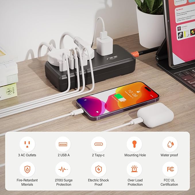 Surge Protector Power Strip,7-in-1 with 6 FT Flat PlugExtension Cord,Surge Protector,with 3 AC Outlets 2USB A,2USB C Outlets for for Home, Office, Dorm Essentials,UL FCC Listed Visit The ZZJ Store-DeskLoop Office