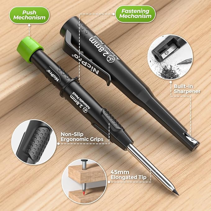 Nicpro Carpenter Pencil with Sharpener, CP3000 Construction Pencils with 6 Refills in a Lead Dispenser, Deep Hole Mechanical Pencil for Construction, Heavy Duty Carpenter Tools for Woodworking Marking