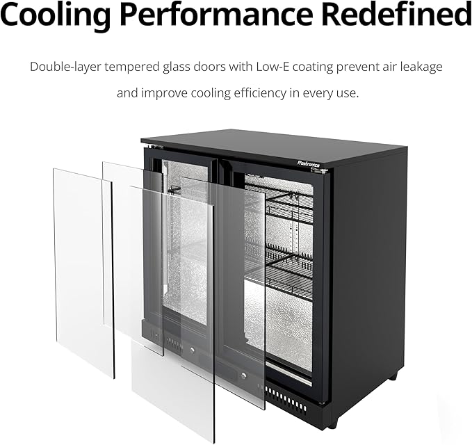 36 inch 206 cans Duo Hinged Door Back Bar Beverage Cooler, 6.75 cu. ft. Under Counter Glass Door Bar Fridge with hinged doors, lockable, 32-50°F Display Refrigerator, ETL Certified, Black-DeskLoop Office