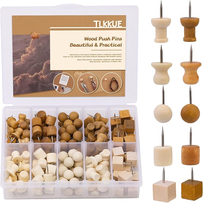TLKKUE 140 Pieces Push Pins, 5 Style Wood Push Pins Decorative Thumb Tacks by TLKKUE
