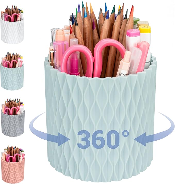 Pencil Holder - 360° Rotation, 5 Slot Desk Supplies by 4Johor
