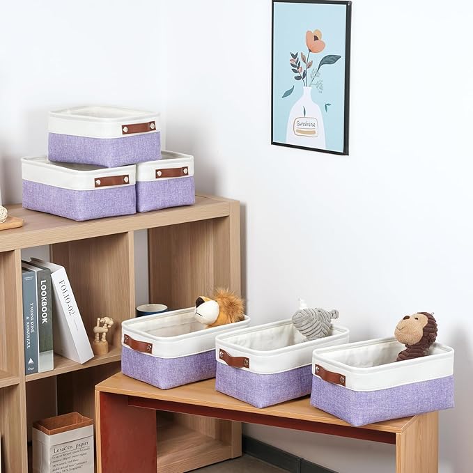 DULLEMELO Small Storage Baskets 6 Pack, Fabric Collapsible Gift Storage Baskets for Shelves, Closets, Nursery, Home, Office Organizing,Small Canvas Linen Rectangular Storage Bins (White&Purple)-DeskLoop Office
