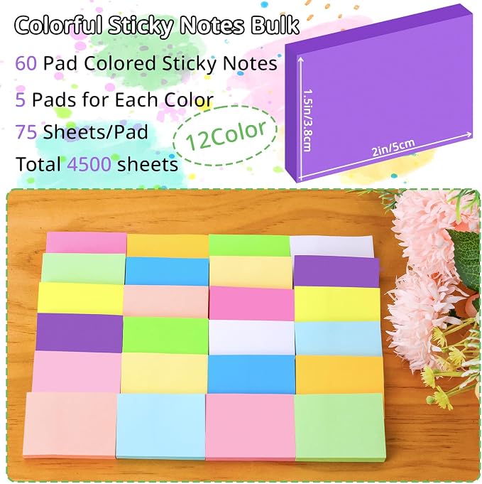 60 Pack Sticky Notes 1.5x2 in, Small Self Stick Note, 12 Color Mini Sticky - Image 2