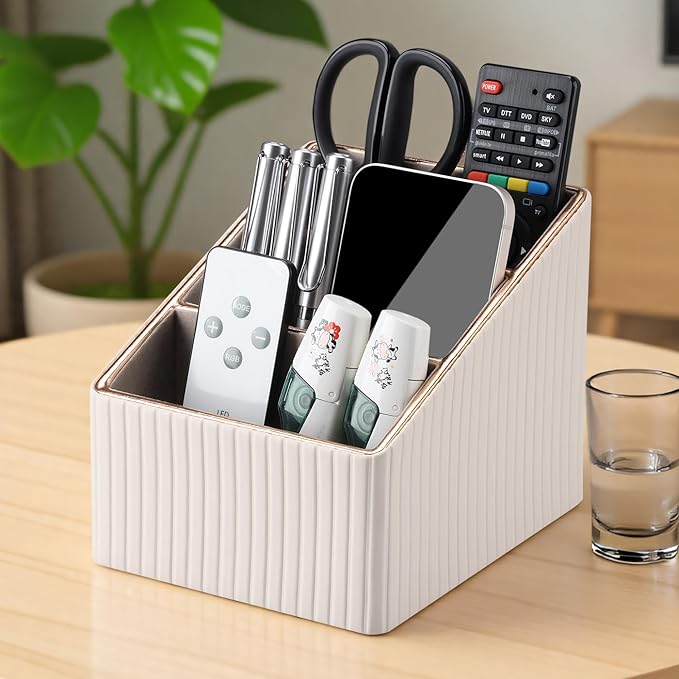 KINGFOM Remote Control Holder with 3 Compartments, Pu Leather Remote Caddy Desktop Organizer for TV, CD, Blu-Ray, Media Player, Heater Controllers and Cosmetics Office Supplies Light Beige-DeskLoop Office