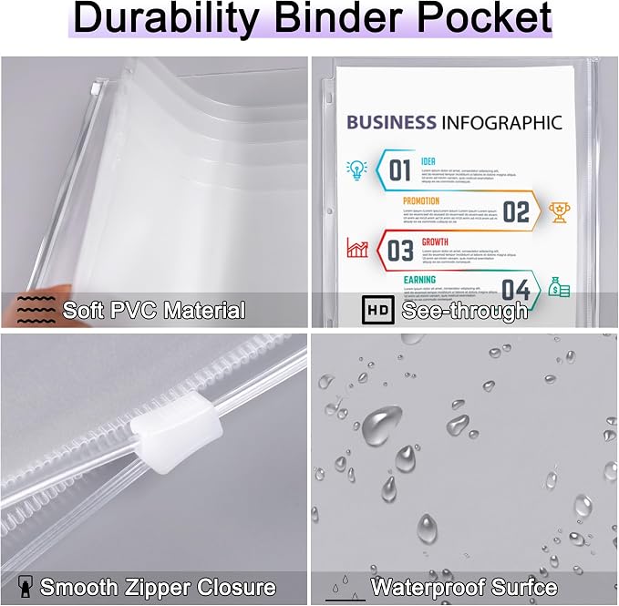 Antner 8 Pack Clear Letter Size Binder Pockets 3 Ring Binder Zipper Pouch - Image 3