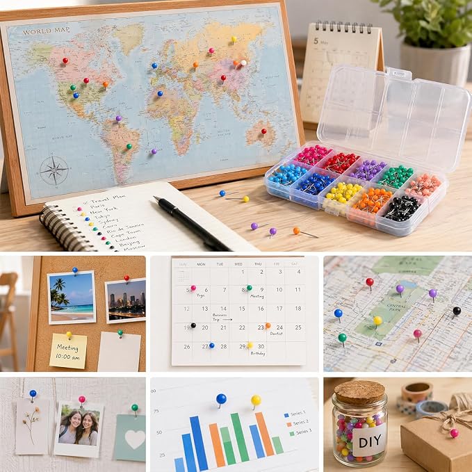 600 PCS Push Pins Map Tacks, 10 Assorted Colors in Reconfigurable Containers - Image 2