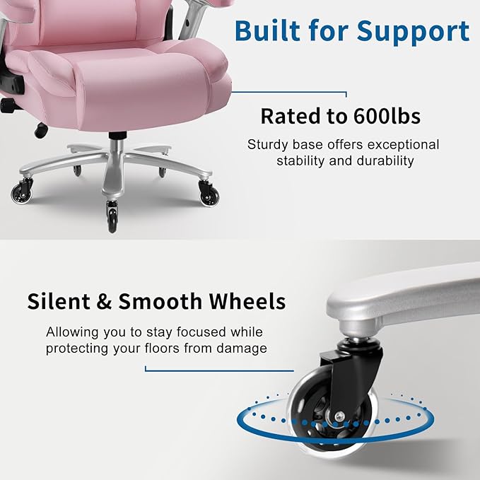 Big and Tall Office Chair 600lbs, Heavy Duty Executive Office Chair for Heavy People, Pink High Back Office Leather Ergonomic Chair with Adjustable Armrests and Lumbar Support for Computer Desk Chair-DeskLoop Office