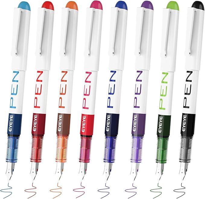EYEYE Fountain Pens for Writing, 8 Pack Assorted Colors Fine Point Disposable Fountain Pens Stainless Steel Nib, Smooth Writing for Calligraphy, Journaling, Drafting, Sketching, Doodling & Gifts-DeskLoop Office