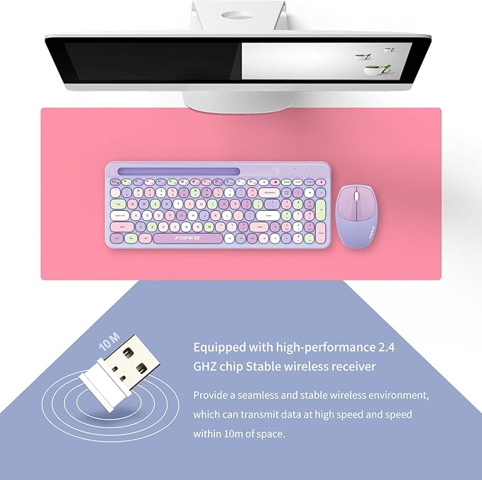 FOPETT Wireless Keyboard and Mouse Combo, 100 Keys Full-Sized 2.4 GHz Round Keycap Colorful Keyboards, USB Receiver Plug and Play, for Windows, Mac, PC, Laptop, Desktop (Purplecolorful)-DeskLoop Office