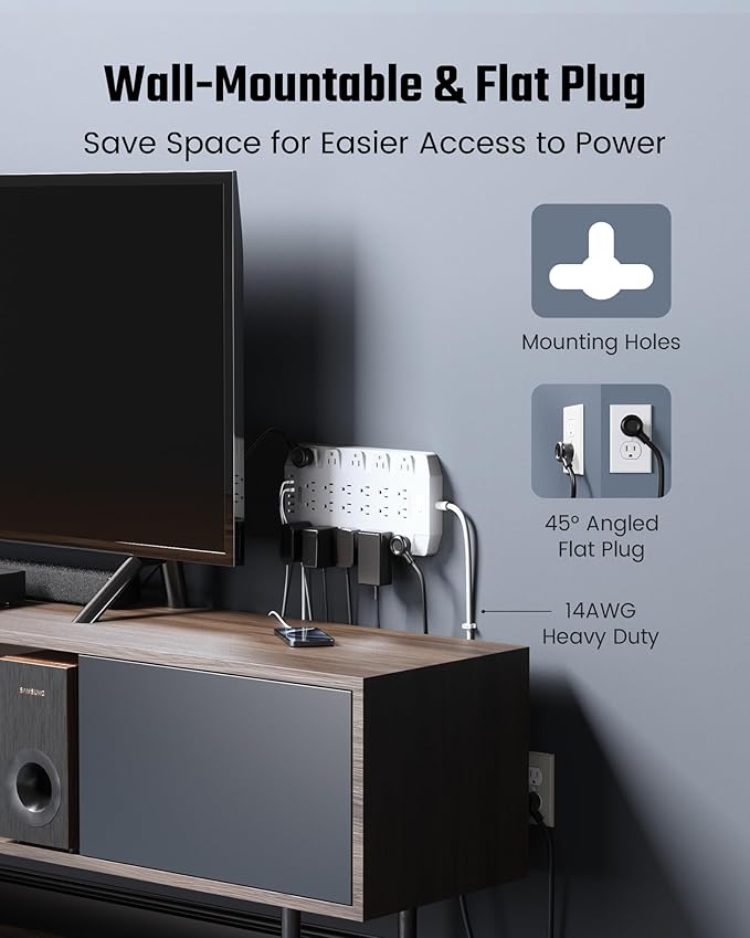 45W Power Strip Surge Protector with PD USB-C, SUPERDANNY 1875W/15A, 2100J, 6.5ft Flat Plug Mountable Extension Cord with 22 Outlet+6 USB Port, Fast Charging for Home,Office,Dorm,Gaming,PC,Streaming-DeskLoop Office