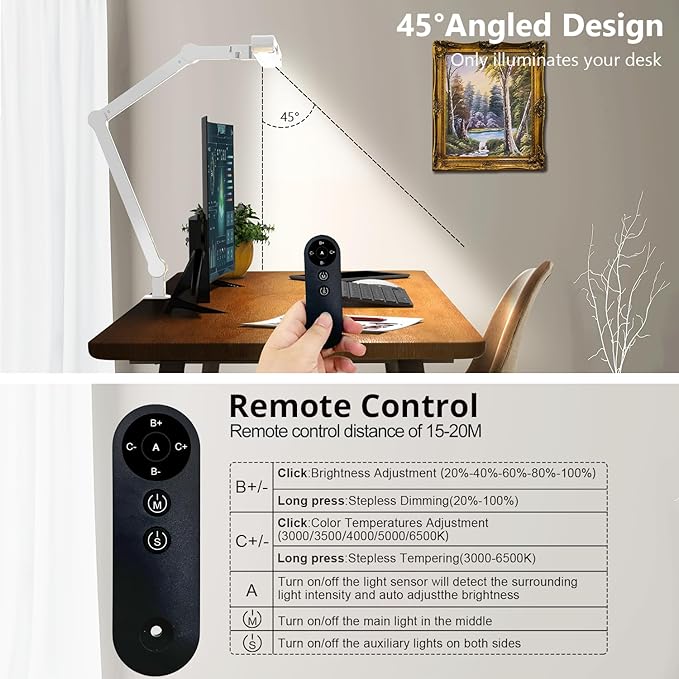 Micomlan Architect Desk Lamp with Clamp, Led Desk Lamp for Home Office with Remote Control, 24W Bright Dimmable Computer Light with Atmosphere Lighting Adjustable Table Light(Remote)-DeskLoop Office