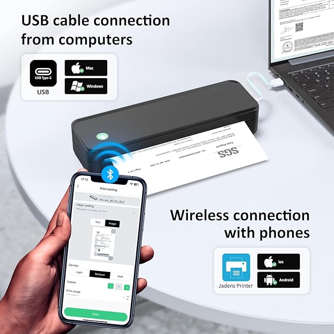 Inkless Portable Printer for Travel, Wireless Thermal Printer Supports 8.5 x 11 Inch Thermal Paper, Bluetooth Machine Includes Carry Case and 3 Rolls of Paper Kit, Black-DeskLoop Office