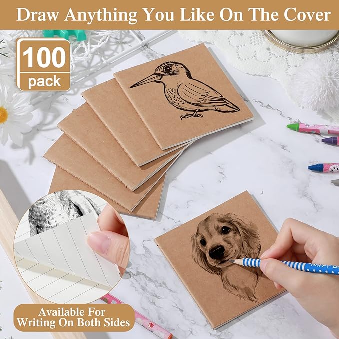 100 Pieces Mini Notebook Bulk Set Small Kraft Paper Blank Lined Journals Pocket Journal Sketchbooks for Kids Drawing Sketchbook Office Supplies 4 x 4 Inch Small Notebooks with 24 Sheets (Blank, Lined)-DeskLoop Office