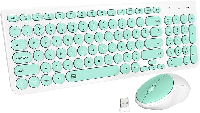 FD Wireless Keyboard and Mouse Combo - 2.4GHz USB Cordless, Cute Round Keys, Quiet and Slim Set for Laptop, Computer, TV, and Mac - Mint Green & White-DeskLoop Office