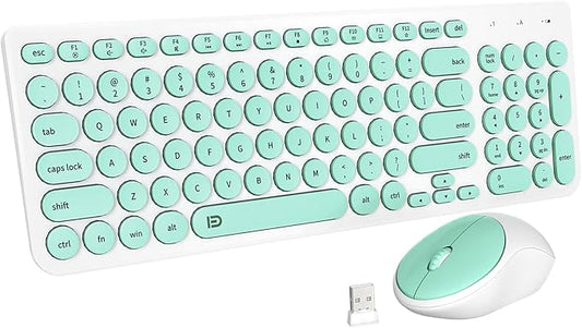 FD Wireless Keyboard and Mouse Combo - 2.4GHz USB Cordless, Cute Round Keys, Quiet and Slim Set for Laptop, Computer, TV, and Mac - Mint Green & White-DeskLoop Office