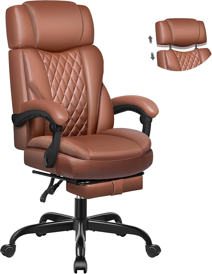 Executive Leather Office Chair, Big and Tall Office Chair with Footrest Home Office Desk Chairs, Ergonomic Computer Desk Chair with Lumbar Support, Reclining Office Chairs with Adjustable Angle-DeskLoop Office