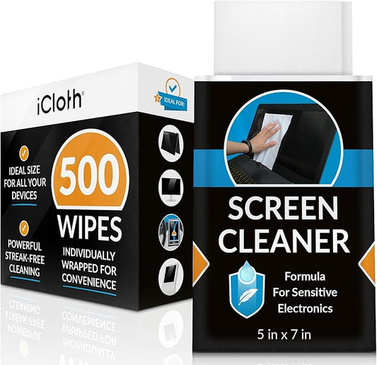 iCloth Large Screen Cleaning Wipes for Electronics, Lint-Free and Streak-Free, Fast-Drying, Removes Dust, Fingerprints, and Smudges (500 Wipes)