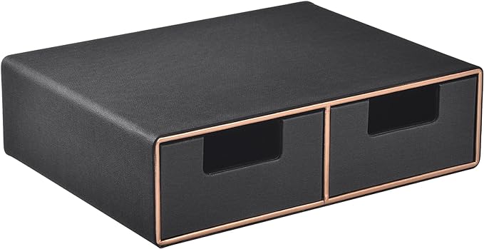 Linen Leather Desk Organizer and monitor stand with Drawers－Mini Desktop Drawer Organizer Stackable－Tabletop Organization Storage Box for Office Supplies Home Vanity Toiletries (Black, 2-drawers)-DeskLoop Office