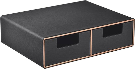 Linen Leather Desk Organizer and monitor stand with Drawers－Mini Desktop Drawer Organizer Stackable－Tabletop Organization Storage Box for Office Supplies Home Vanity Toiletries (Black, 2-drawers)-DeskLoop Office