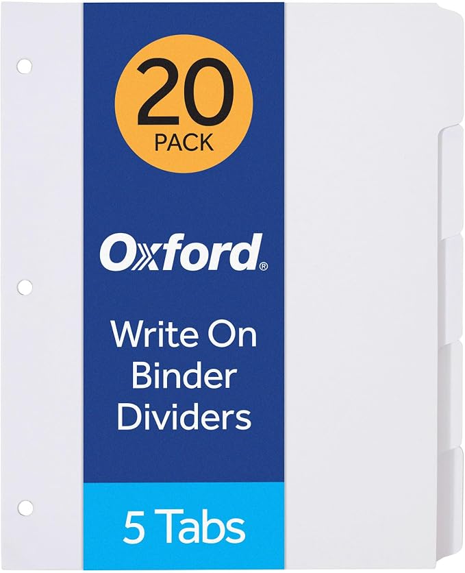 Oxford Blank Write On Binder Dividers, 1/5 Cut Tabs, 3 Hole Punch Dividers in 5 by Oxford