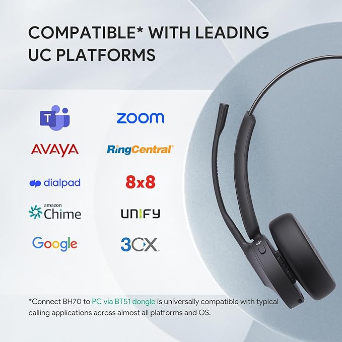Yealink BH70 Mono Wireless Bluetooth Headset with Microphone for Work, up to 35h Talking Battery Life, 3-Mic Noise Cancellation, 91g Lightweight Microsoft Teams Certified Work Headsets for PC-DeskLoop Office