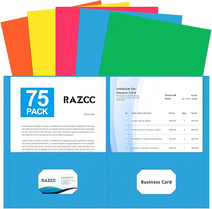 Two Pocket Folders, RAZCC 75 Pack 2 Pocket Folders Fit Letter Size Paper by RAZCC