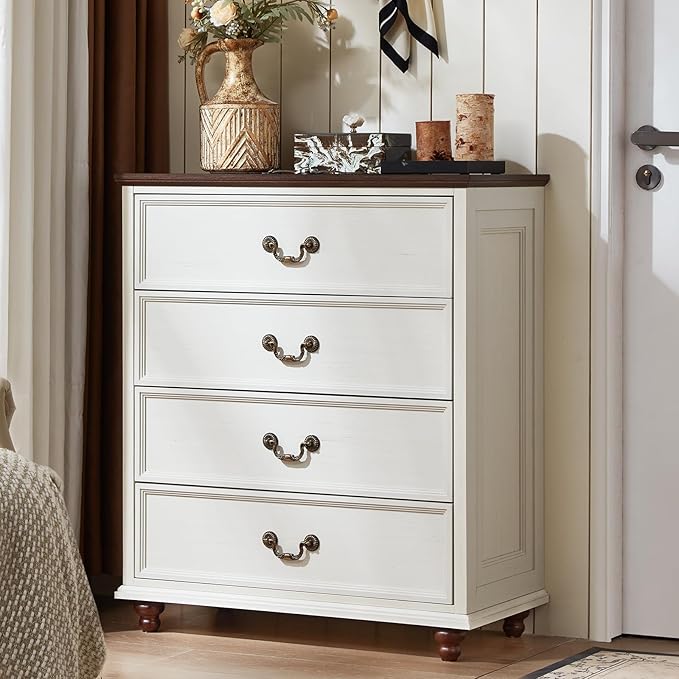 Farmhouse 4 Drawer Dresser for Bedroom, 37" Tall Rustic Chests of Drawers w/ 4 Solid Wood Feet, Mid Century Modern Wooden Closet Storage Dressers Organizer for Living Room, Hallway, White-DeskLoop Office