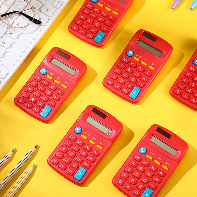24 Pieces Basic Calculators for Students Small Pocket Size 8 Digit Display Mini Calculators Dual Powered Handheld for School Desktop Home(Red)-DeskLoop Office