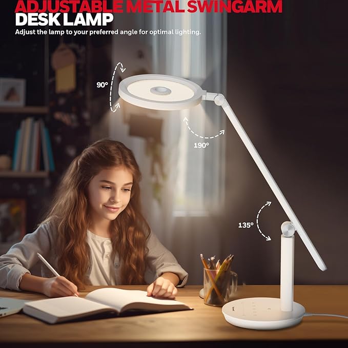 HONEYWELL Desk Lamp for Home Office, H6 Sunturalux™ Eye-Caring Led Desk Light, 800LM Dimmable Desk Lamp with Timer, Touch Control Tall Desk Reading Light, Table Lamp for Circle Webcam, Study, Bedroom-DeskLoop Office