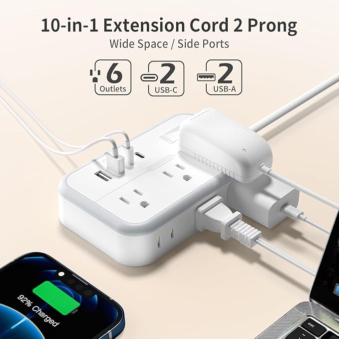 NTONPOWER 2 Prong Power Strip, 1875W/15A 2 Prong to 3 Prong Outlet Adapter, Surge Protector Power Strip with 4 USB Ports(2 USB C), 5 FT Rotating Flat Plug Extension Cord for Old House, Wall Mount-DeskLoop Office